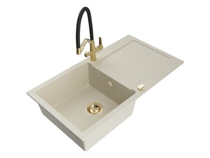 Granitový drez Mexen Leo s 1 misou, odkapávačom a kuchynskou batériou Duo, béžový - 6501-69-671701-57-G