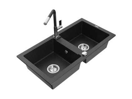 Granitový drez Mexen Mario s 2 misami a kuchynskou batériou Flora, čierna/strieborná metalíza - 6504-73-670401-07