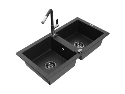 Granitový drez Mexen Mario s 2 misami a kuchynskou batériou Flora, čierna/strieborná metalíza - 6504-73-670401-07-B