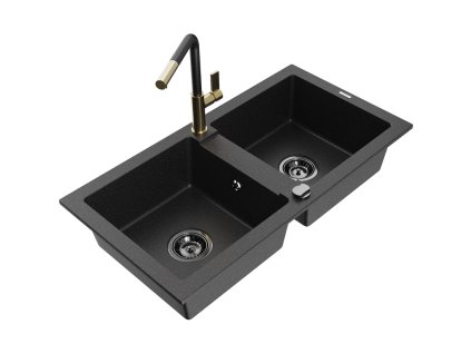 Granitový drez Mexen Mario s 2 misami a kuchynskou batériou Flora, čierna/strieborná metalíza - 6504-73-670401-57-B