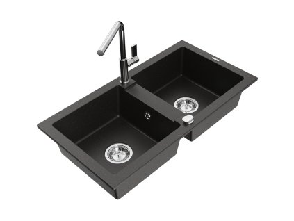 Granitový drez Mexen Mario s 2 misami a kuchynskou batériou Flora, čierna/zlatá metalíza - 6504-75-670401-00