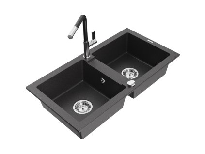 Granitový drez Mexen Mario s 2 misami a kuchynskou batériou Flora, čierna škvrnitá - 6504-76-670401-07