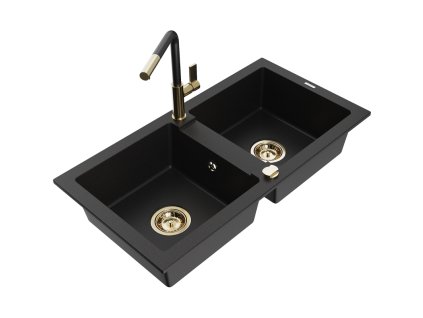 Granitový drez Mexen Mario s 2 misami a kuchynskou batériou Flora, čierny - 6504-77-670401-57-G