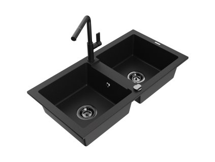 Granitový drez Mexen Mario s 2 misami a kuchynskou batériou Flora, čierny - 6504-77-670401-70-B