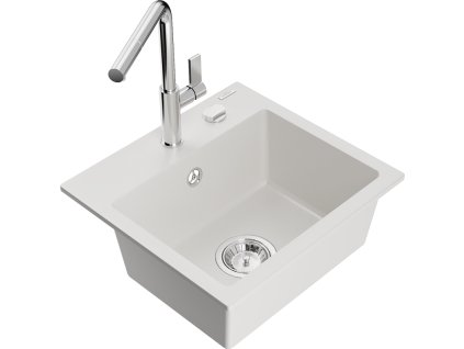 Granitový drez Mexen Milo s 1 misou a kuchynskou batériou Flora, biely - 6505-20-670401-00