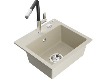 Granitový drez Mexen Milo s 1 misou a kuchynskou batériou Flora, béžová - 6505-69-670401-07