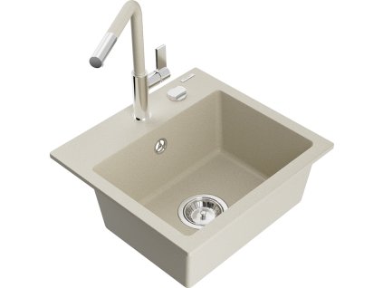 Granitový drez Mexen Milo s 1 misou a kuchynskou batériou Flora, béžová - 6505-69-670401-09