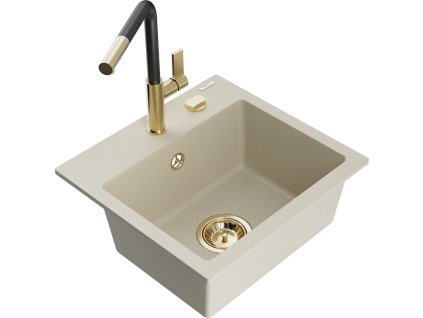 Granitový drez Mexen Milo s 1 misou a kuchynskou batériou Flora, béžový - 6505-69-670401-57-G