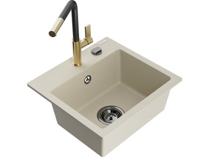Granitový drez Mexen Milo s 1 misou a kuchynskou batériou Flora, béžová - 6505-69-670401-57-B