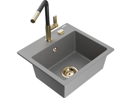 Granitový drez Mexen Milo s 1 misou a kuchynskou batériou Flora, sivý - 6505-71-670401-57-G