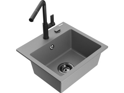 Granitový drez Mexen Milo s 1 misou a kuchynskou batériou Flora, sivý - 6505-71-670401-70-B