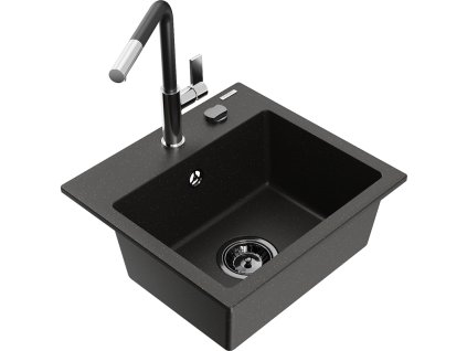 Granitový drez Mexen Milo s 1 misou a kuchynskou batériou Flora, čierna/zlatá metalíza - 6505-75-670401-07-B