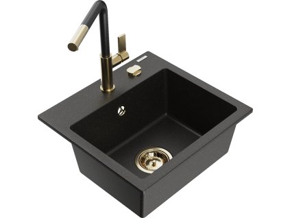 Granitový drez Mexen Milo s 1 misou a kuchynskou batériou Flora, čierna/zlatá metalíza - 6505-75-670401-57-G