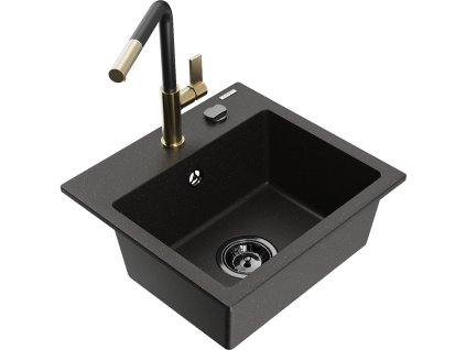 Granitový drez Mexen Milo s 1 misou a kuchynskou batériou Flora, čierna/zlatá metalíza - 6505-75-670401-57-B