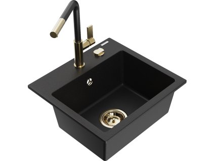 Granitový drez Mexen Milo s 1 misou a kuchynskou batériou Flora, čierny - 6505-77-670401-57-G