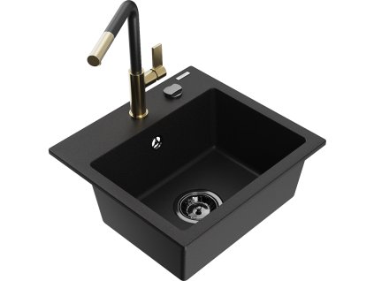 Granitový drez Mexen Milo s 1 misou a kuchynskou batériou Flora, čierny - 6505-77-670401-57-B