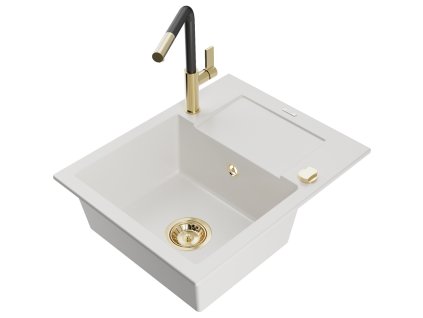 Granitový drez Mexen Enzo s 1 misou, odkapávačom a kuchynskou batériou Flora, biely - 6506-20-670401-57-G