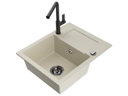 Granitový drez Mexen Enzo s 1 misou, odkapávačom a kuchynskou batériou Flora, béžový - 6506-69-670401-70-B