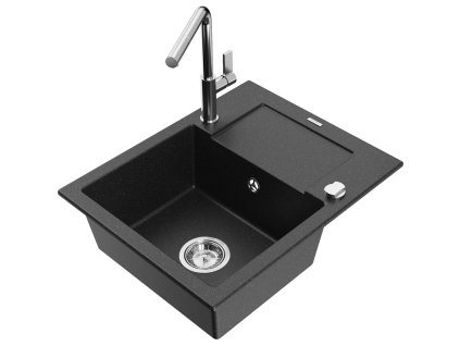 Granitový drez Mexen Enzo s 1 misou, odkapávačom a batériou Flora, čierna/strieborná metalíza - 6506-73-670401-00
