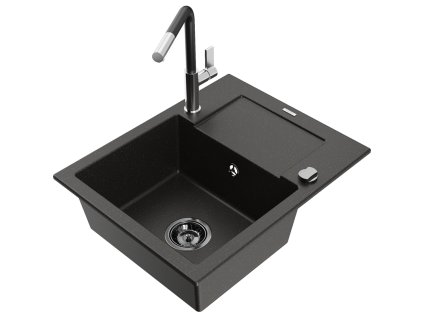 Granitový drez Mexen Enzo s 1 misou, odkapávačom a batériou Flora, čierna/zlatá metalíza - 6506-75-670401-07-B