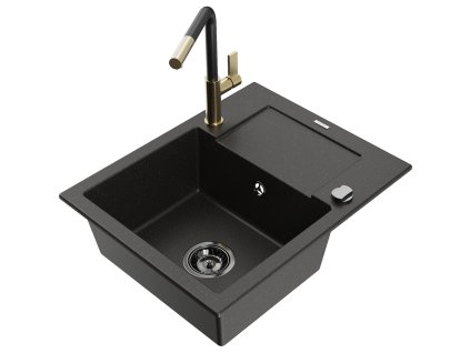 Granitový drez Mexen Enzo s 1 misou, odkapávačom a batériou Flora, čierna/zlatá metalíza - 6506-75-670401-57-B