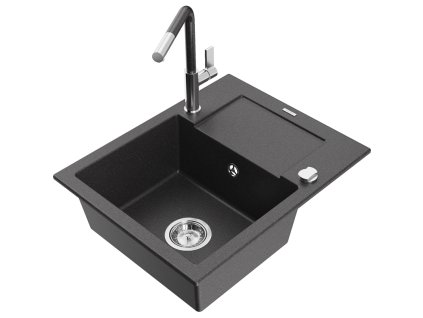 Granitový drez Mexen Enzo s 1 misou, odkapávačom a kuchynskou batériou Flora, čierna škvrnitá - 6506-76-670401-08