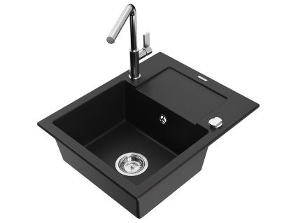 Granitový drez Mexen Enzo s 1 misou, odkapávačom a kuchynskou batériou Flora, čierny - 6506-77-670401-00