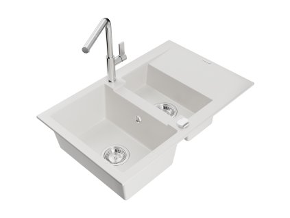 Granitový drez Mexen Gaspar s 1,5 misky, odkapávačom a kuchynskou batériou Flora, biely - 6507-20-670401-00