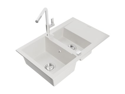 Granitový drez Mexen Gaspar s 1,5 misky, odkapávačom a kuchynskou batériou Flora, biely - 6507-20-670401-02
