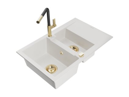 Granitový drez Mexen Gaspar s 1,5 misy, odkapávačom a kuchynskou batériou Flora, biely - 6507-20-670401-57-G