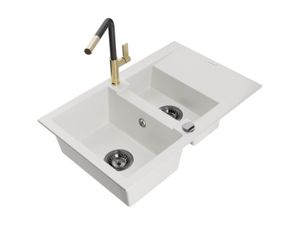 Granitový drez Mexen Gaspar s 1,5 misky, odkapávačom a kuchynskou batériou Flora, biely - 6507-20-670401-57-B