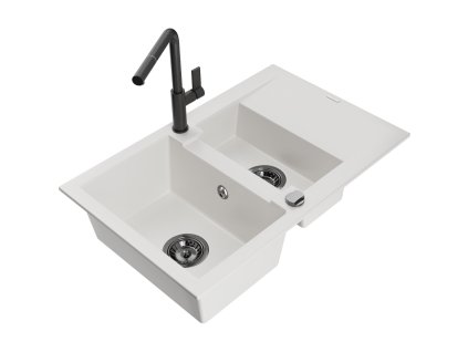 Granitový drez Mexen Gaspar s 1,5 misky, odkapávačom a kuchynskou batériou Flora, biely - 6507-20-670401-70-B