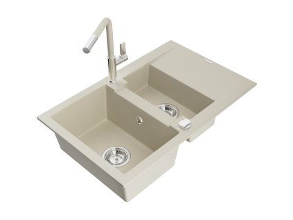 Granitový drez Mexen Gaspar s 1,5 miskou, odkapávačom a kuchynskou batériou Flora, béžový - 6507-69-670401-09