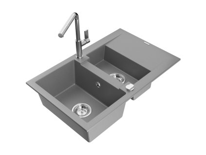 Granitový drez Mexen Gaspar s 1,5 misky, odkapávačom a kuchynskou batériou Flora, sivý - 6507-71-670401-00