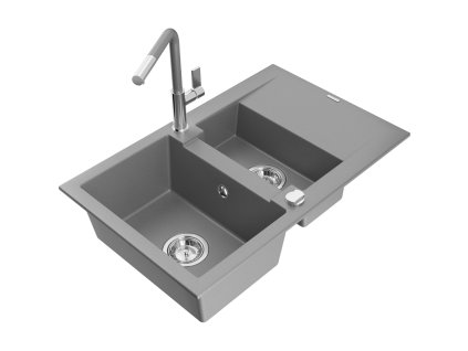 Granitový drez Mexen Gaspar s 1,5 misky, odkapávačom a kuchynskou batériou Flora, sivý - 6507-71-670401-06