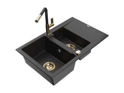 Granitový drez Mexen Gaspar s 1,5 miskou, odkapávačom a kuchynskou batériou Flora, čierny/strieborný - 6507-73-670401-57-G
