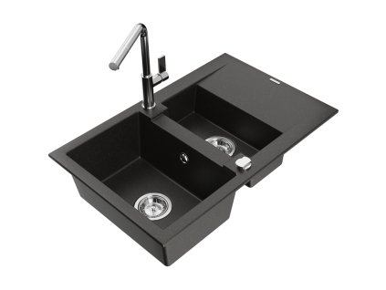 Granitový drez Mexen Gaspar s 1,5 misky, odkapávačom a kuchynskou batériou Flora, čierna/zlatá metalíza - 6507-75-670401-00