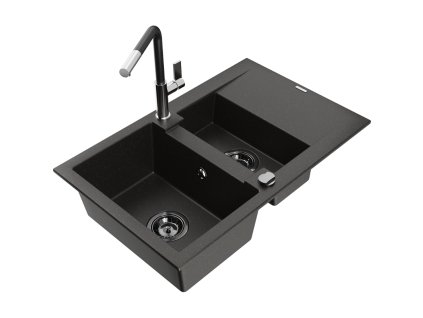 Granitový drez Mexen Gaspar s 1,5 misy, odkapávačom a kuchynskou batériou Flora, čierna/zlatá - 6507-75-670401-07-B