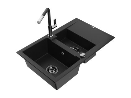 Granitový drez Mexen Gaspar s 1,5 misky, odkapávačom a kuchynskou batériou Flora, čierny - 6507-77-670401-07-B