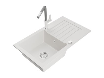 Granitový drez Mexen Pablo s 1 misou, odkapávačom a kuchynskou batériou Flora, biely - 6510-20-670401-06