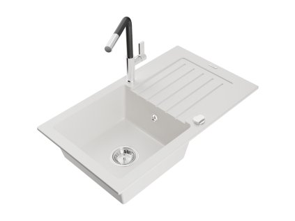 Granitový drez Mexen Pablo s 1 misou, odkapávačom a kuchynskou batériou Flora, biely - 6510-20-670401-07