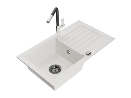 Granitový drez Mexen Pablo s 1 misou, odkapávačom a kuchynskou batériou Flora, biely - 6510-20-670401-07-B