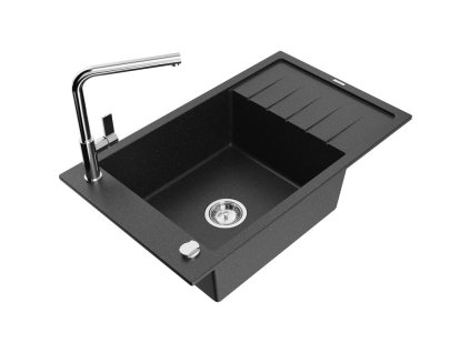 Granitový drez Mexen Elias s 1 misou, odkapávačom a batériou Flora, čierna/strieborná metalíza - 6511-73-670401-00