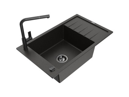 Granitový drez Mexen Elias s 1 misou, odkapávačom a batériou Flora, čierna/zlatá metalíza - 6511-75-670401-70-B