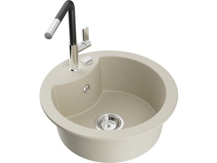 Granitový drez Mexen Diego s 1 misou a kuchynskou batériou Flora, béžový - 6512-69-670401-07