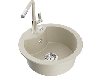 Granitový drez Mexen Diego s 1 misou a kuchynskou batériou Flora, béžový - 6512-69-670401-09