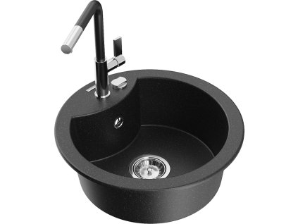Granitový drez Mexen Diego s 1 misou a kuchynskou batériou Flora, čierna/strieborná metalíza - 6512-73-670401-07