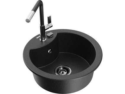 Granitový drez Mexen Diego s 1 misou a kuchynskou batériou Flora, čierna/strieborná metalíza - 6512-73-670401-07-B