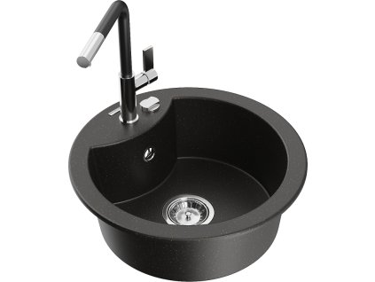 Granitový drez Mexen Diego s 1 misou a kuchynskou batériou Flora, čierna/zlatá metalíza - 6512-75-670401-07