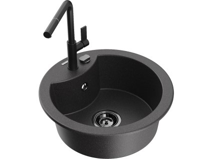 Granitový drez Mexen Diego s 1 misou a kuchynskou batériou Flora, čierna škvrnitá - 6512-76-670401-70-B